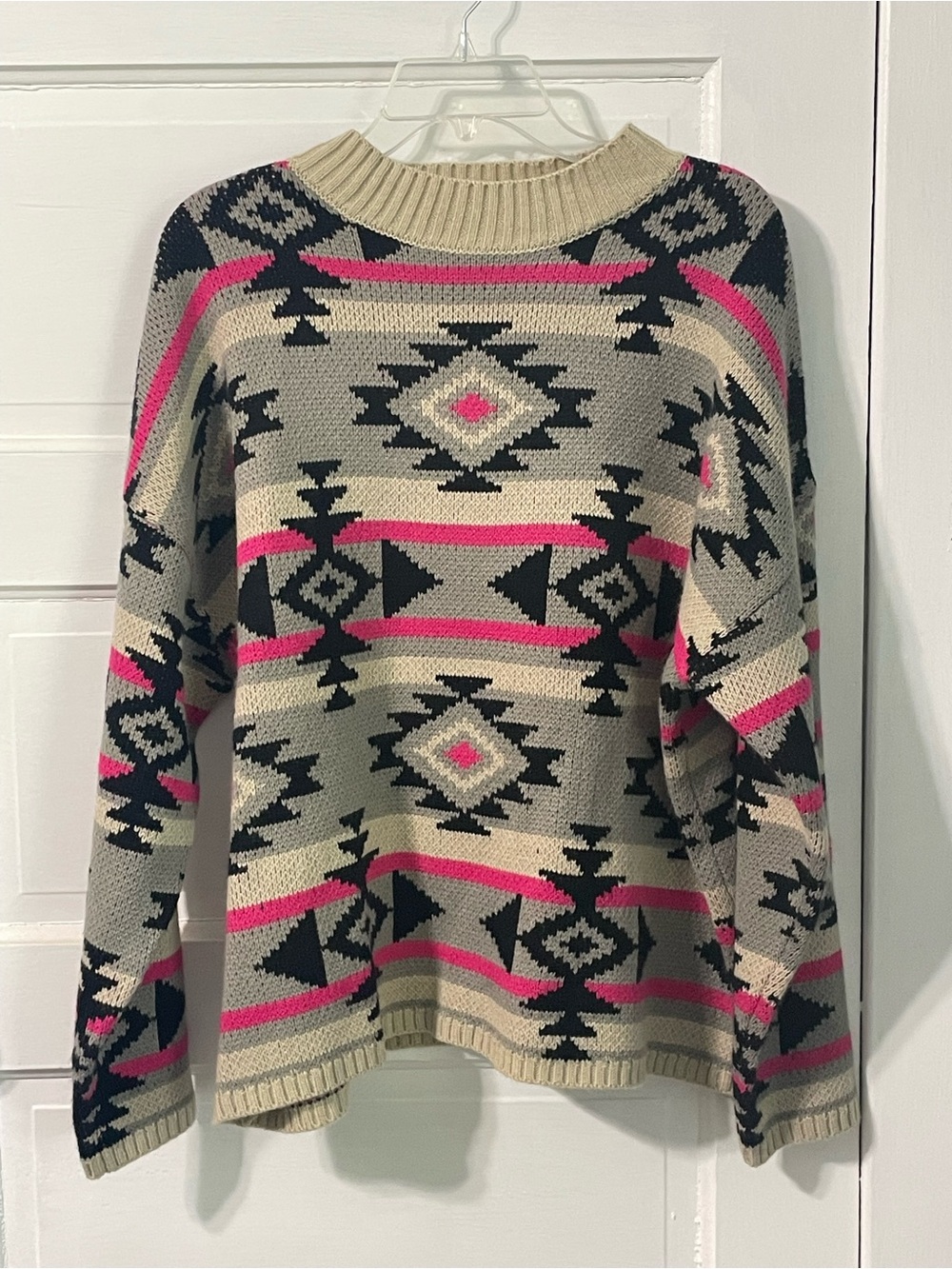 Savanna Jane Aztec Crewneck Sweater with Black and Pink Pattern